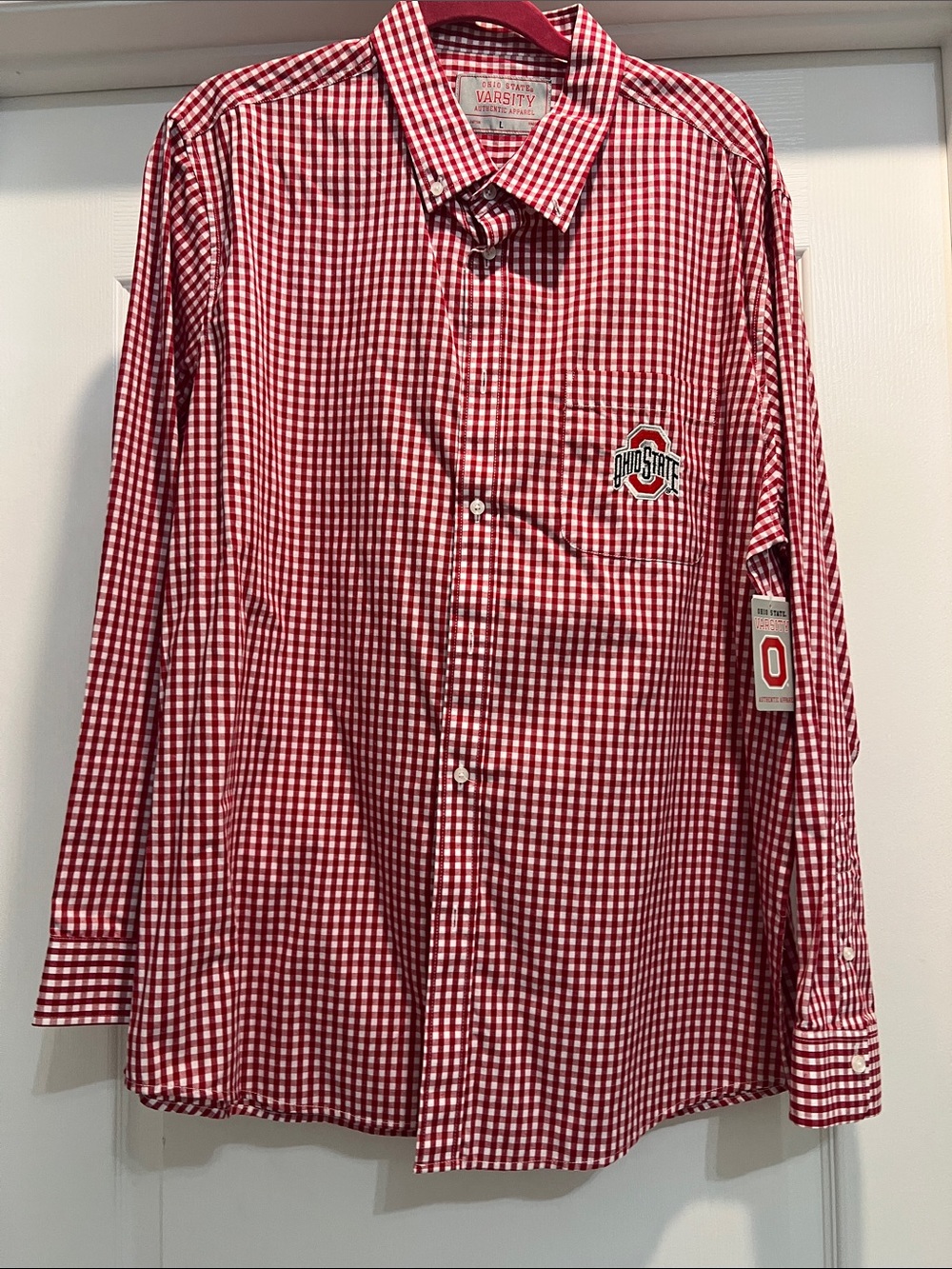 Varsity Red & White Gingham Button-Down Shirt with Ohio State Patch